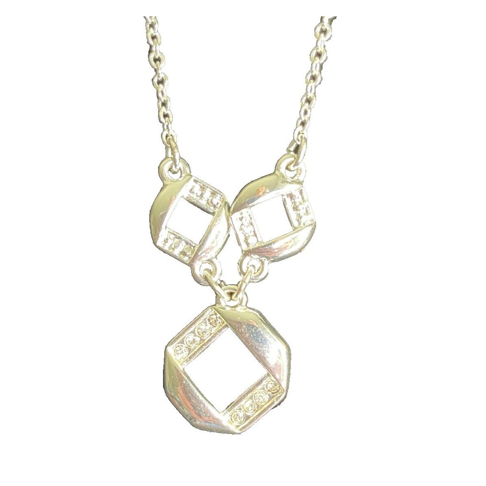 Vintage Avon SAQ signed Double Chain ‘Y’ Necklace geometric Pendant 2006 White